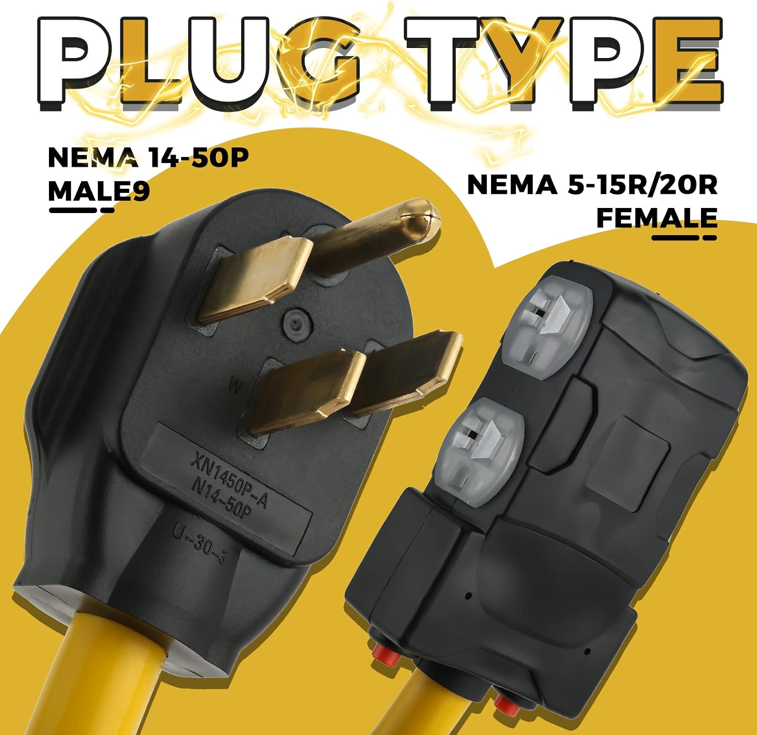 4-Prong NEMA 14-50P to 5-15R/5-20R T-Blade Adapter, 50 Amp to 20 Amp 125V RV Distribution Adapter Adapter w/Breaker, RV Generator Adapter Cord with Light, STW 10AWG 3750W 1.8FT, UL Listed