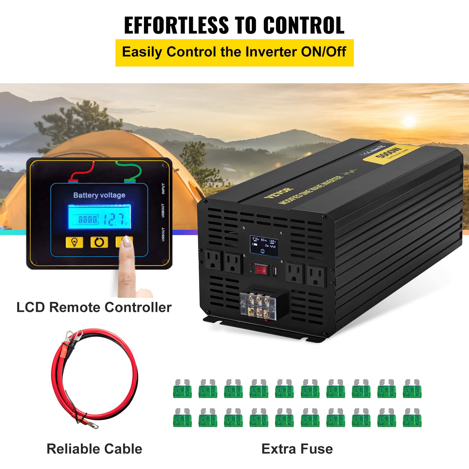 VEVOR 5000 W modifizierter Sinus-Wechselrichter, DC 12 V auf AC 120 V Spannungswandler, mit LCD-Fernbedienung, LED-Anzeige, AC-Steckdosen; für LKW, Wohnmobil, Auto, Boot, Reisen, Camping, Notfall