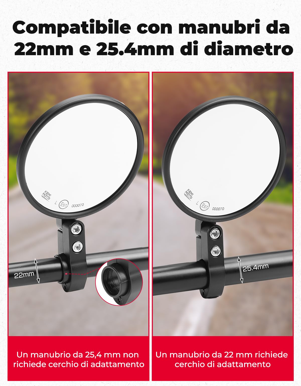 KEMIMOTO Specchietti Moto Omologati E57, 2 Pezzi Specchietto Retrovisore Manubrio con CNC, Tondi Specchi Moto Compatibili con Motocicli, Scooter, ATV