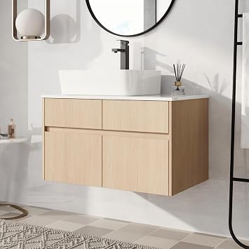 32 Inch Floating Vanity, 32" Bathroom Vanity with Sink, Wall Mounted Vanity Combo, Modern Brown Bathroom Vanity Set with 2 Soft Close Door and 1 Drawer