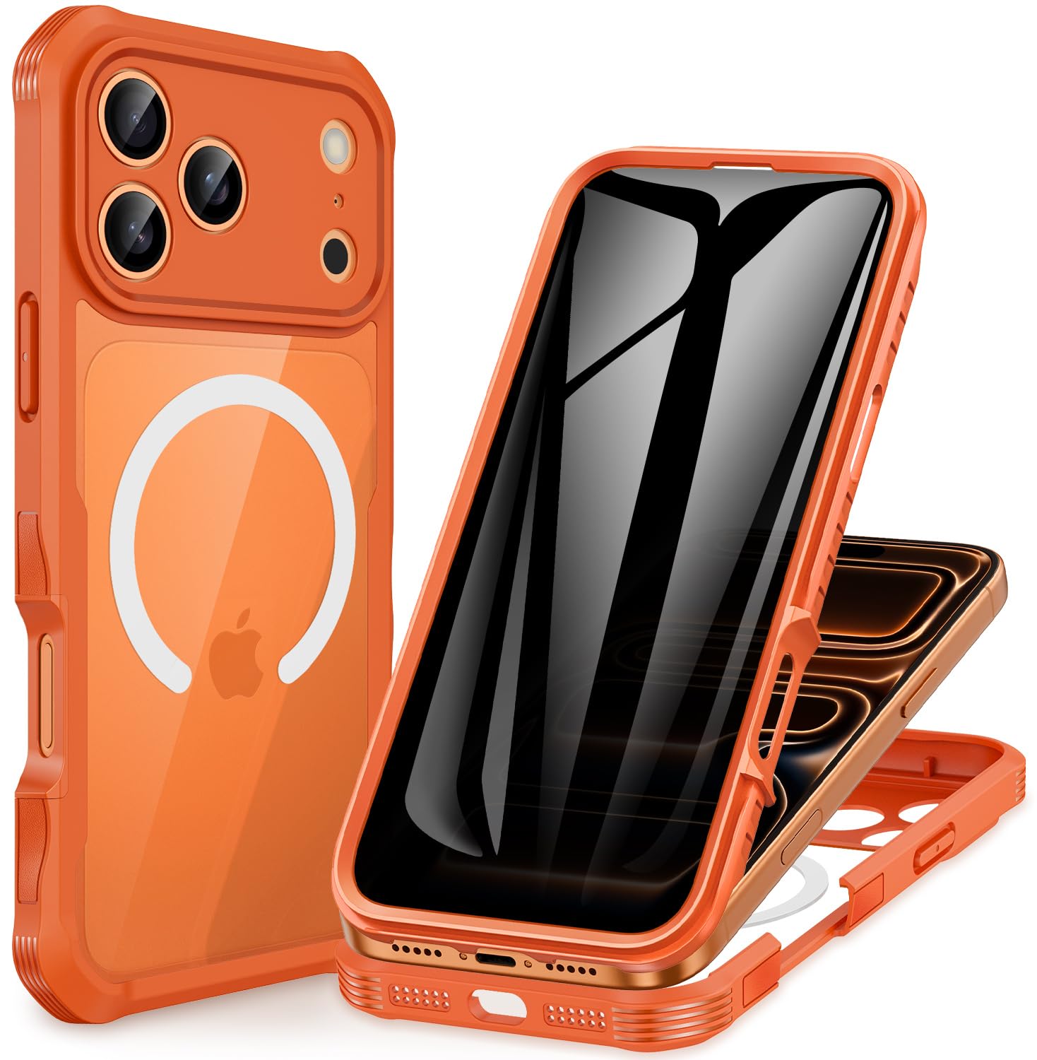 CENHUFO Magnetica Privacy Cover iPhone 17 Pro [Compatibile con Magsafe] Integrata 9H Vetro Temperato Anti Spia Schermo e Protezione Fotocamera, Custodia Antiurto 360 Gradi Doppia Case -Arancione