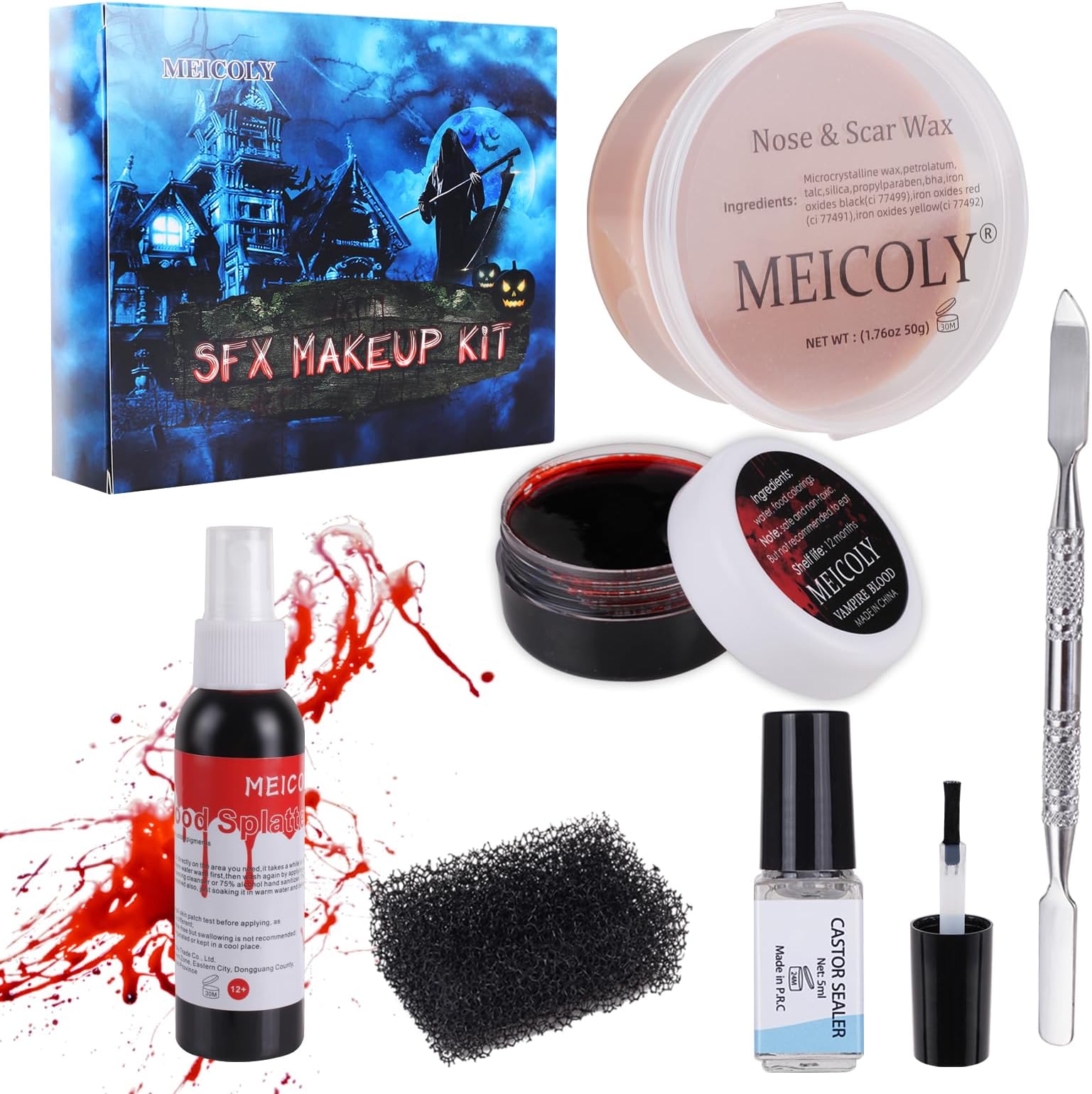 MEICOLY SFX Makeup Kit Scars Wax Halloween Special Effects Stage Fake Wound Moulding Skin Wax(1.67Oz) with Spatula, Black Stipple Sponge,Scab Coagulated Blood Gel(1.06Oz),5ml Castor Sealer,01