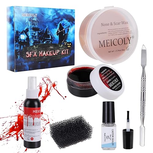 MEICOLY SFX Makeup Kit Scars Wax,Fake Blood Spray(2.1Oz) Halloween Special