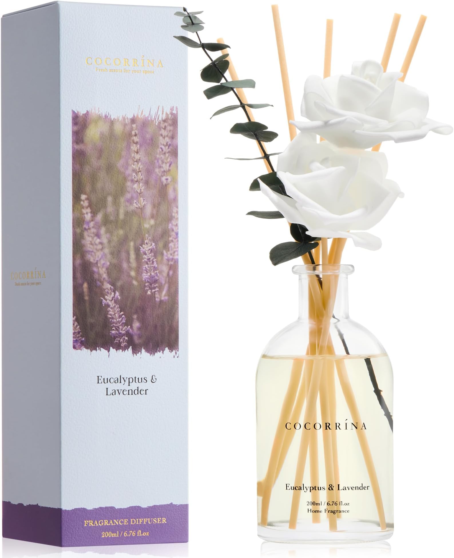 Reed Diffuser - Eucalyptus Lavender Scent, 6.76 fl oz Essential Oil with 8 Reed Sticks - Home Fragrance for Bedroom Bathroom Shelf Décor