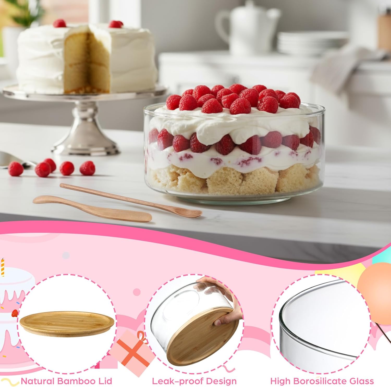 Qinyoung 2 Pack Large Trifle Bowls with Lids 9 Inch and 6.9 Inch Clear Glass Large Salad Bowl for Cake, Baking, Dessert, Fruit and Party DIY with 5 Pcs Wood Serving Utensils, Microwave Dishwasher Safe