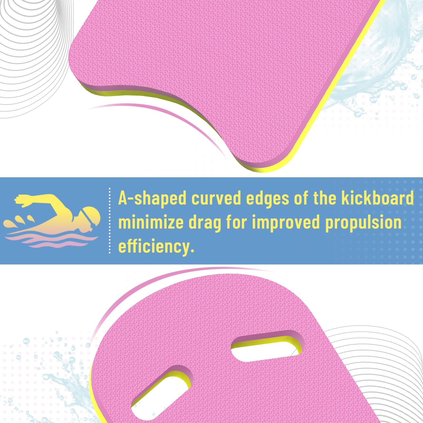 2 tablas de natación en forma de U con mango de 2 agujeros hechas de EVA, 17 x 12 x 1.1 pulgadas, ligeras y duraderas, adecuadas para principiantes y nadadores avanzados para entrenamiento (1 rosa + 1