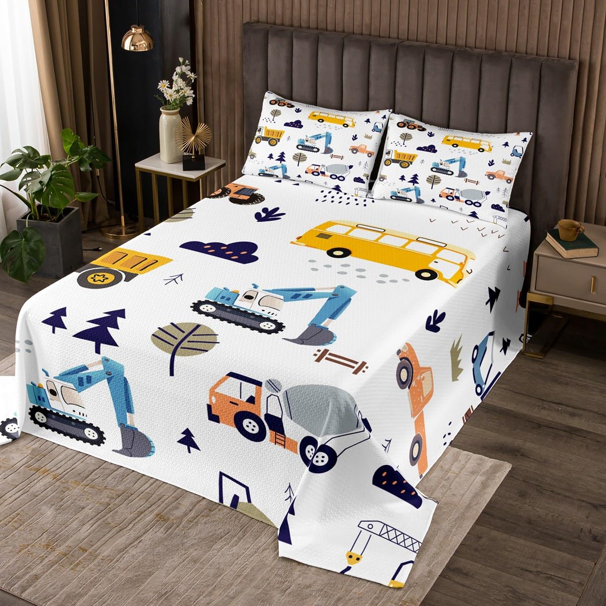 Trucks Bedspread Twin Size,Excavator Loader Crane Bedding Coverlet for Kids Teens Bedroom Decor,Machinery Vehicle Cartoon Cars Bedding Set 2Pcs,1 Pillowcase
