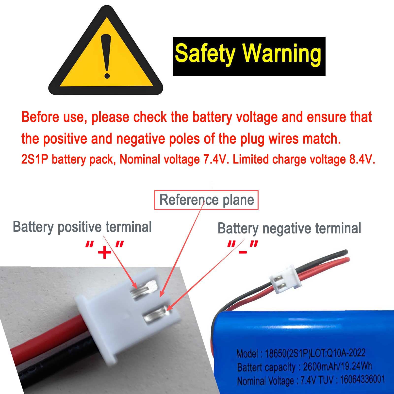 AOLIKES Lot de 2 batteries lithium-ion rechargeables 18650 2s1p 2600 mAh 7,4 V avec connecteur XH2,54/3p/cellules 5C/prend en charge la charge rapide/batterie 8,4 V