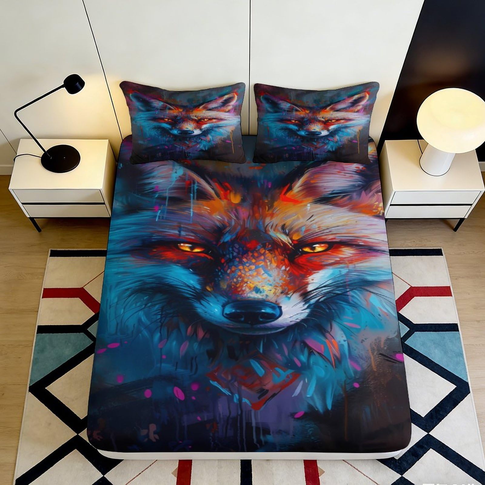 3D Printed Vibrant Fox Fitted Sheet Microfiber Colorful Animal Mattress Cover for Bedroom Dorm Mattress Protection Decor 120x200x25cm