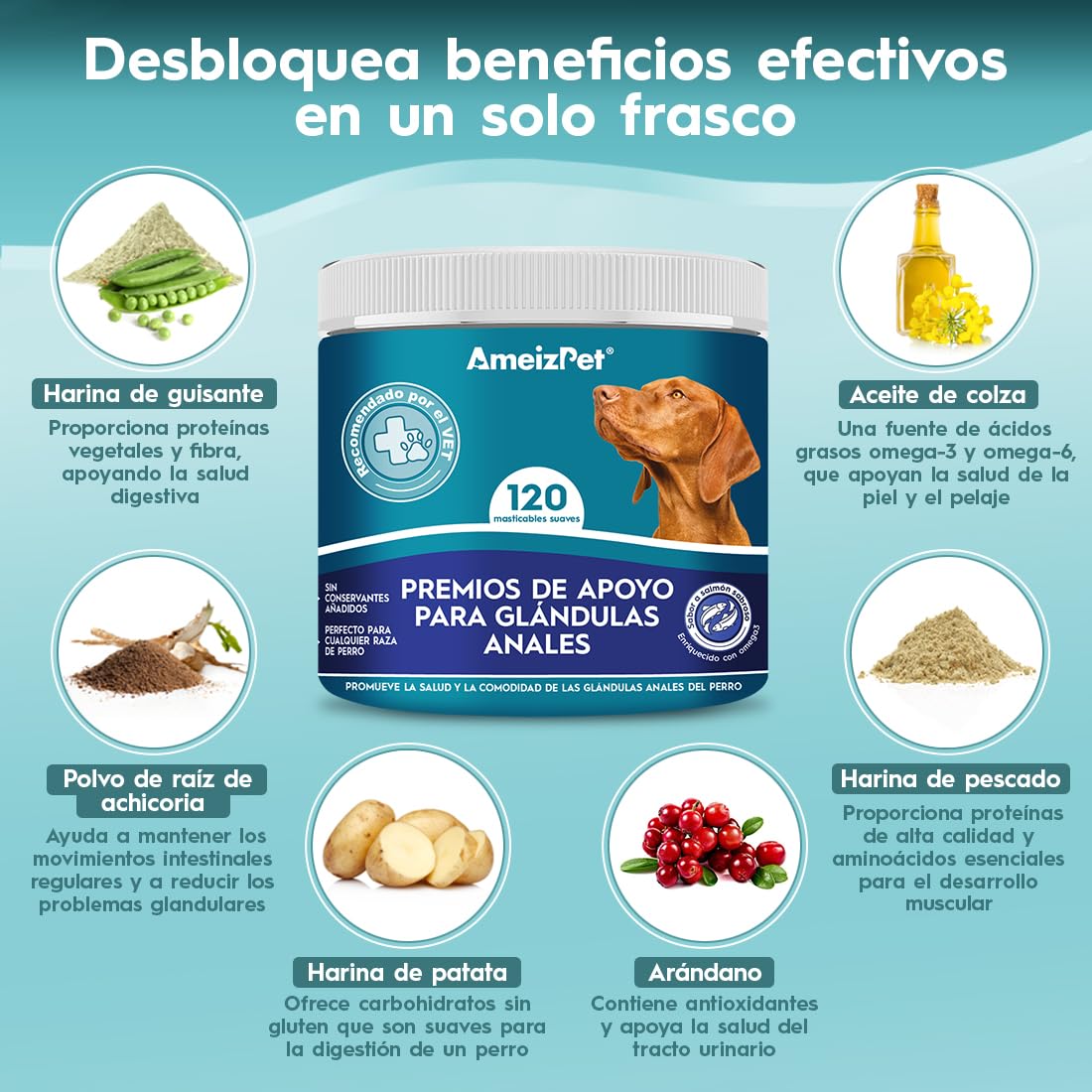 AmeizPet Tratamiento De Glándulas Anales para Perro, Golosinas Funcionales De Fibra Digestiva Perros Glándulas Masticables Saludables, 120 Chuches para Perros