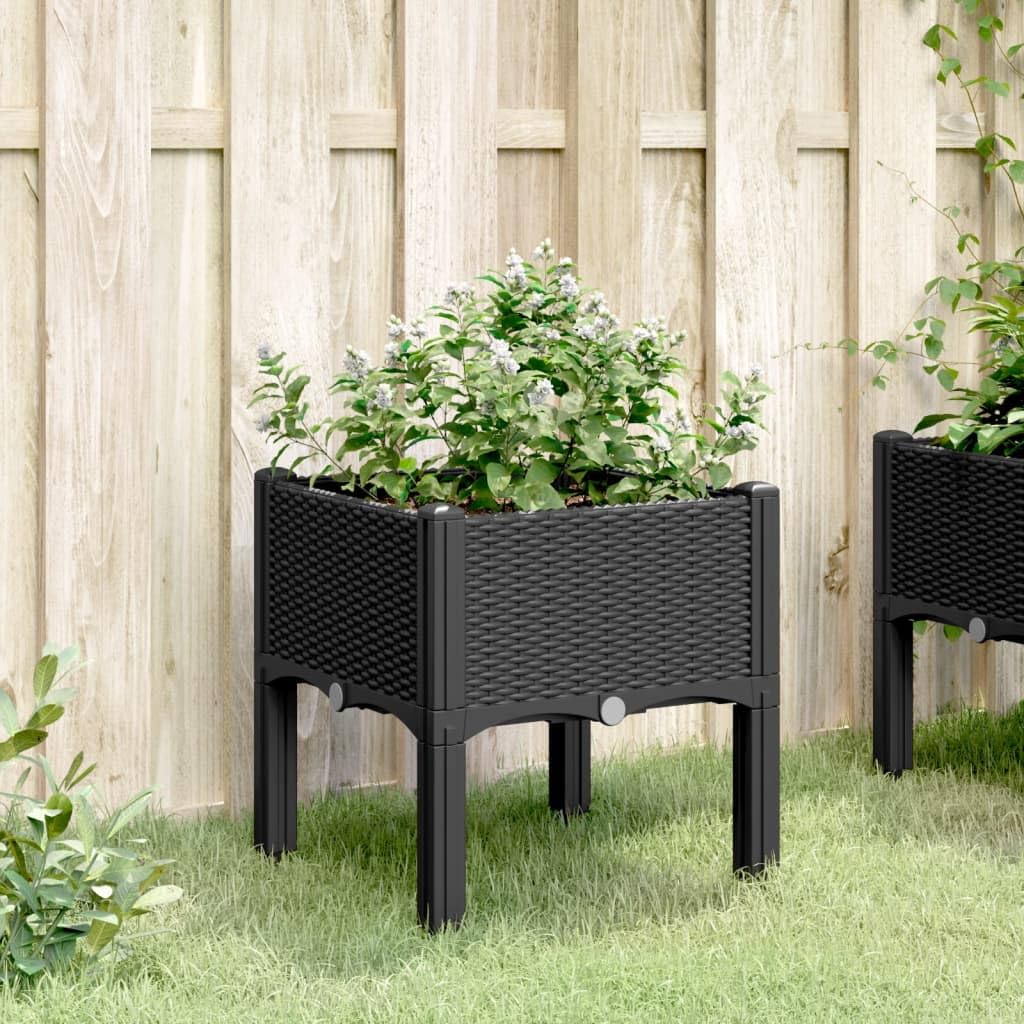 Jardiniere avec Pieds Noir en PP 40 x 40 x 42 cm, Aspect rotin, Drainage, Reserve Eau, Balcon terrasse Jardin, pour Fleur, semis, Herbe aromatique