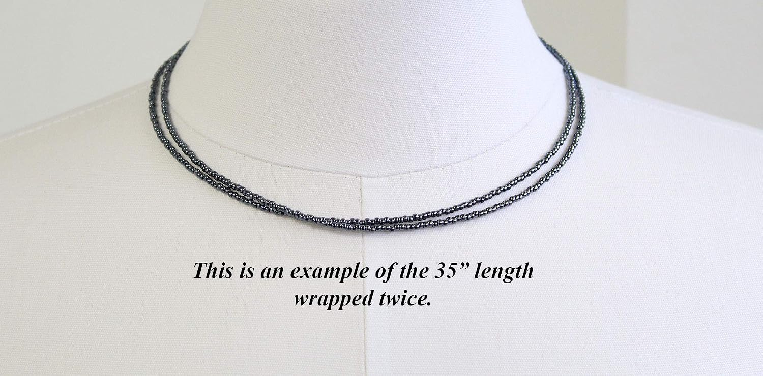 Handmade Metallic Hematite Glass Seed Bead Necklace, Thin 1.5mm Single Strand