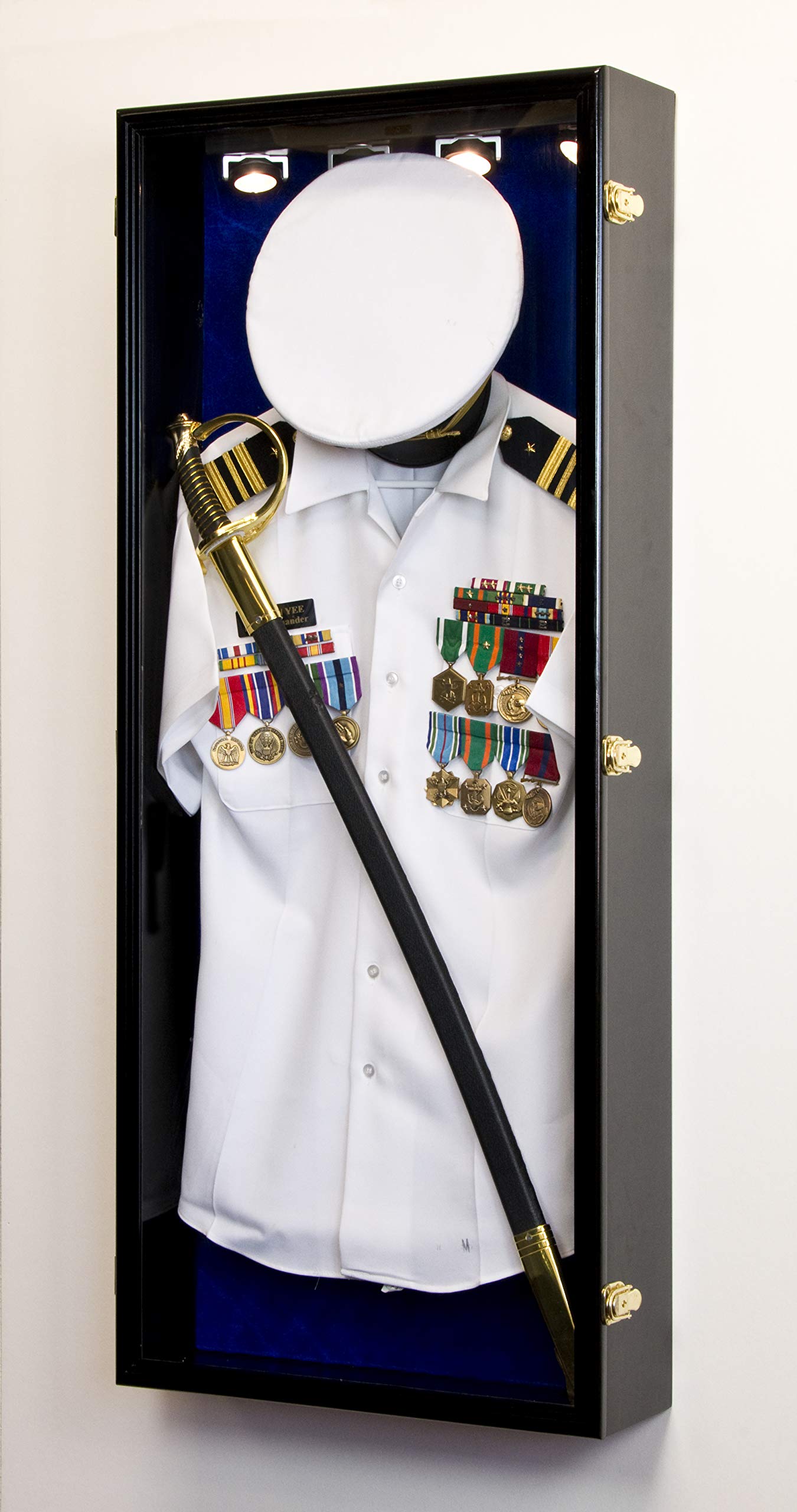 Amazon.com: Military Shadow Box Display Case Uniform Cap Hat Sword Medals  Cabinet Wall Frame - Lockable (Black Finish, Blue Felt Background) : Home &  Kitchen