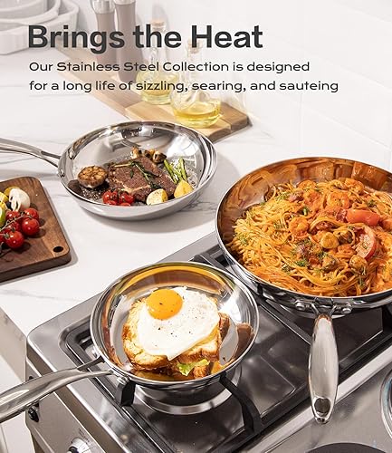 Miniatura 5 de Juego de sartenes de acero inoxidable de 6 piezas de 8, 10 y 12 pulgadas con tapas, apto para horno y lavavajillas, calentamiento rápido y uniforme,