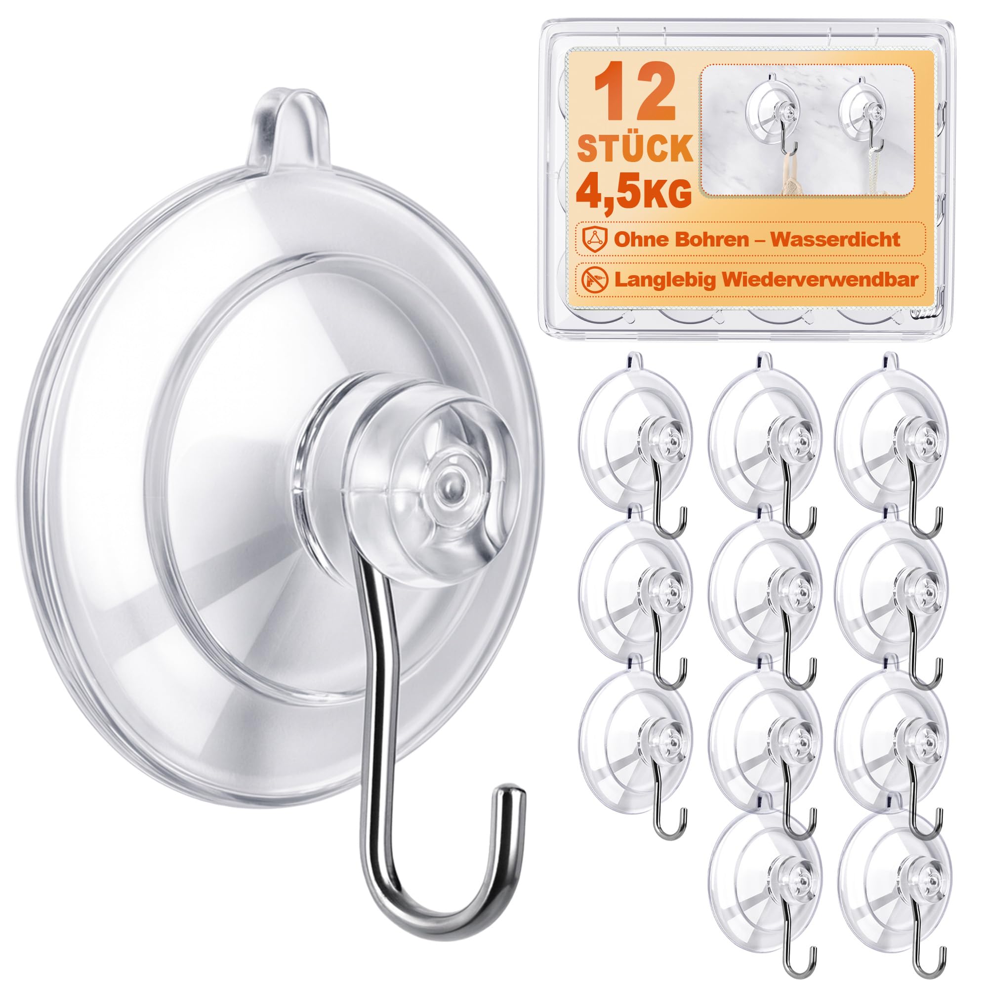 Bonison Saugnapf Haken - Ø45 mm 4,5kg Saughaken Extra Starker Halt Ohne Bohren, Wasserdicht & Wiederverwendbar für Fliesen Dusche Badezimmer Küche Glas Fenster Camping Auto Weihnachtsdeko