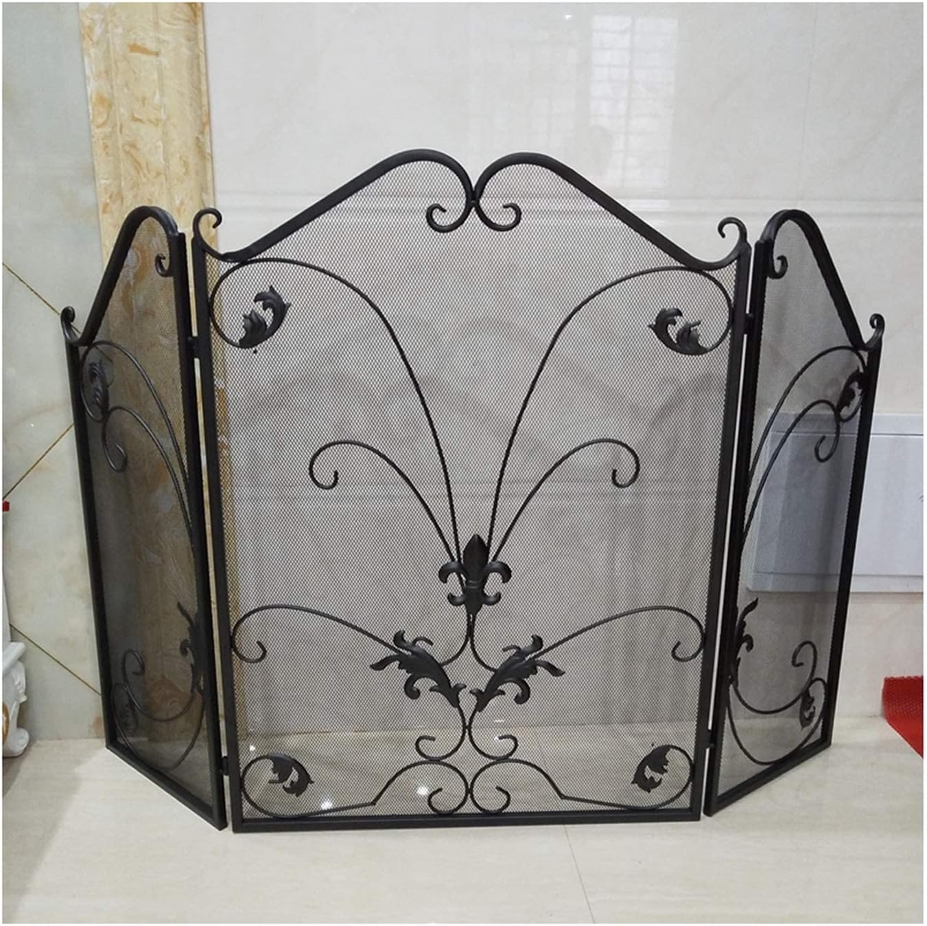 Fireplace Screen 3 Panel Wrought Iron Fireplace Screen Leaves Wrought Iron Decoration Fireplace Screen Spark Guard for Fireplace Accessories Simple Design Fireplace Screen (Black)