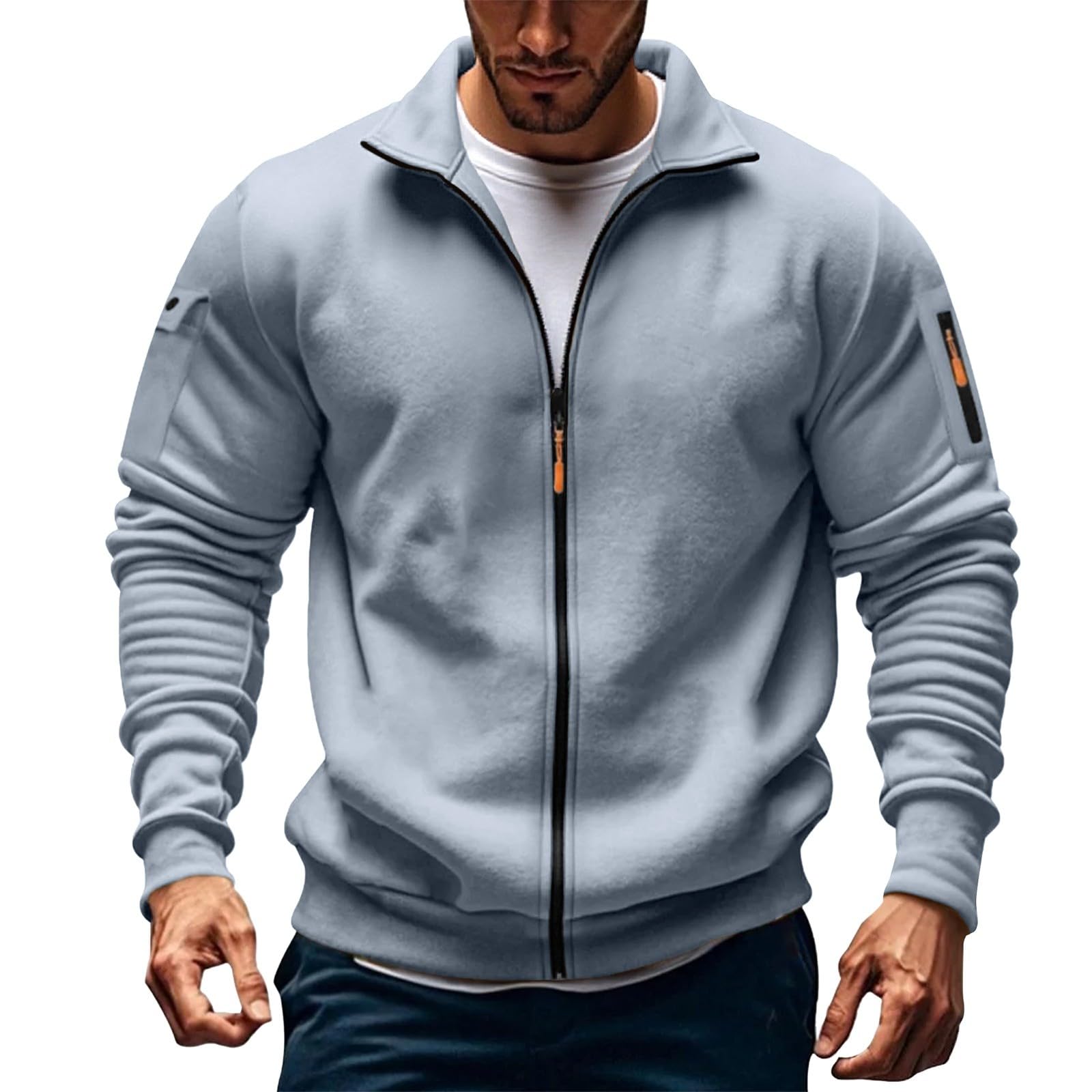 Generico Sudadera con Cremallera Hombre Sin Capucha Invierno Casual Chaqueta Deportiva Militar Sudaderas con Cremallera Ligera Manga Larga Sweatshirt con Bolsillos Vintage Trekking Chaqueta de Trabajo