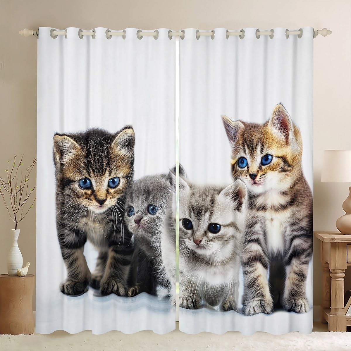 Erosebridal Cute Cat Window Drapes, Cute Animal Curtains Kawaii Pet Cat Window Curtain Panels for Kids Bedroom Decor, Modern 3D Cat Print Window Treatment for Home, Living Decorative 52