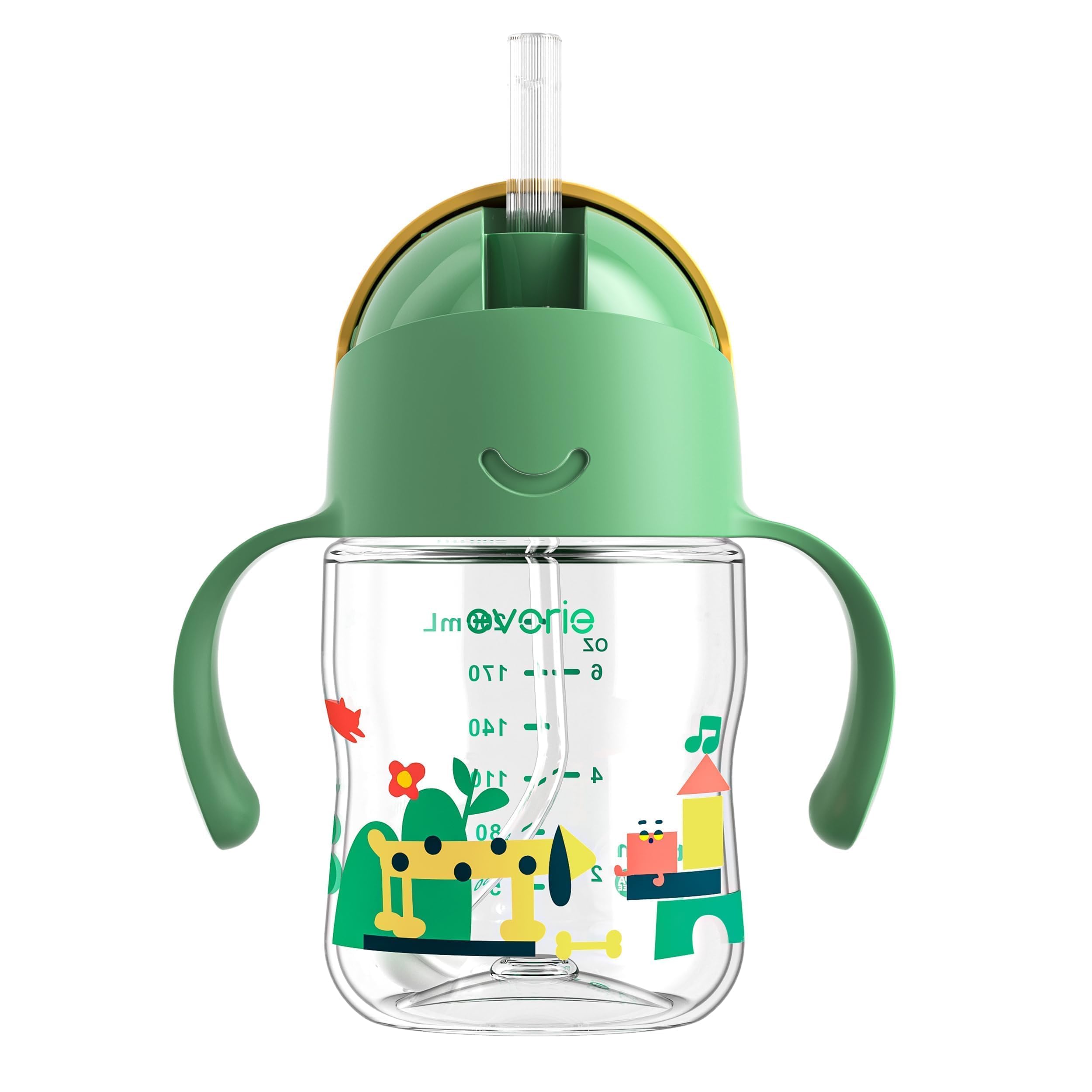 Evorie Bicchiere di apprendimento con cannuccia e manici per neonati e bambini, antiperdite, 200 ml, verde Exploration