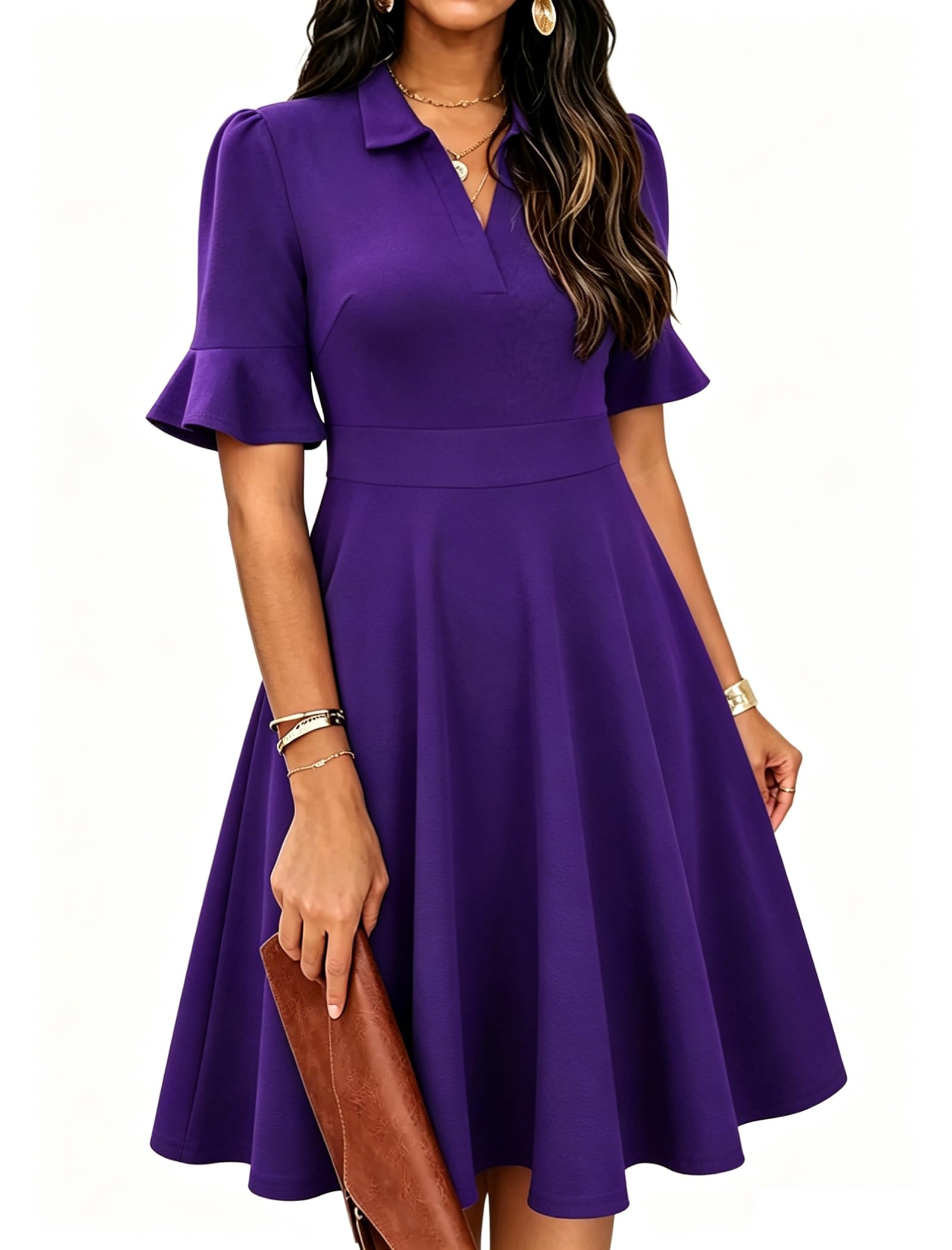 Mokayee Womens Summer Ruffle Sleeve Collared V Neck Fit and Flare Elegant A line Swing Dresses with Pockets
