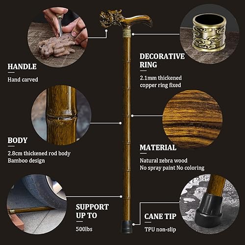 Miniatura 5 de Bastón de madera, tallado a mano de alta gama para hombres y mujeres, diseño ligero, soporta hasta 500 libras de bastones de dragón para personas