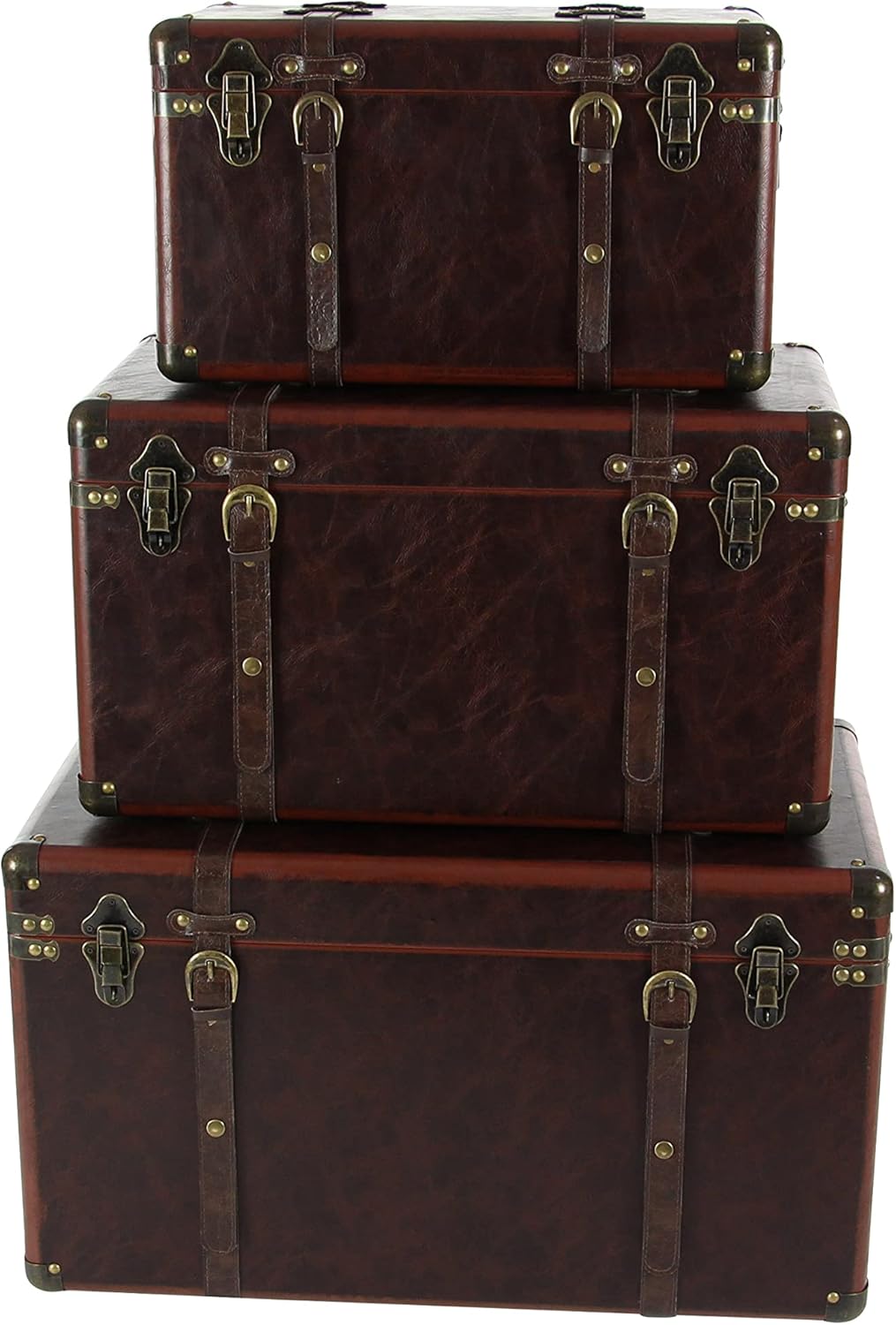Deco 79 56977 Matte Leather and Wood Trunks (Set of 3), Brown : Home & Kitchen