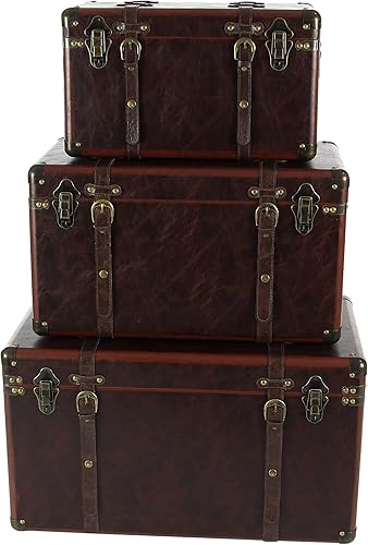Miniatura 10 de Deco 79 Tronco tapizado de cuero con detalles y tachuelas vintage, juego de 3 de 19 pulgadas, 24 pulgadas, 27 pulgadas de ancho, marrón