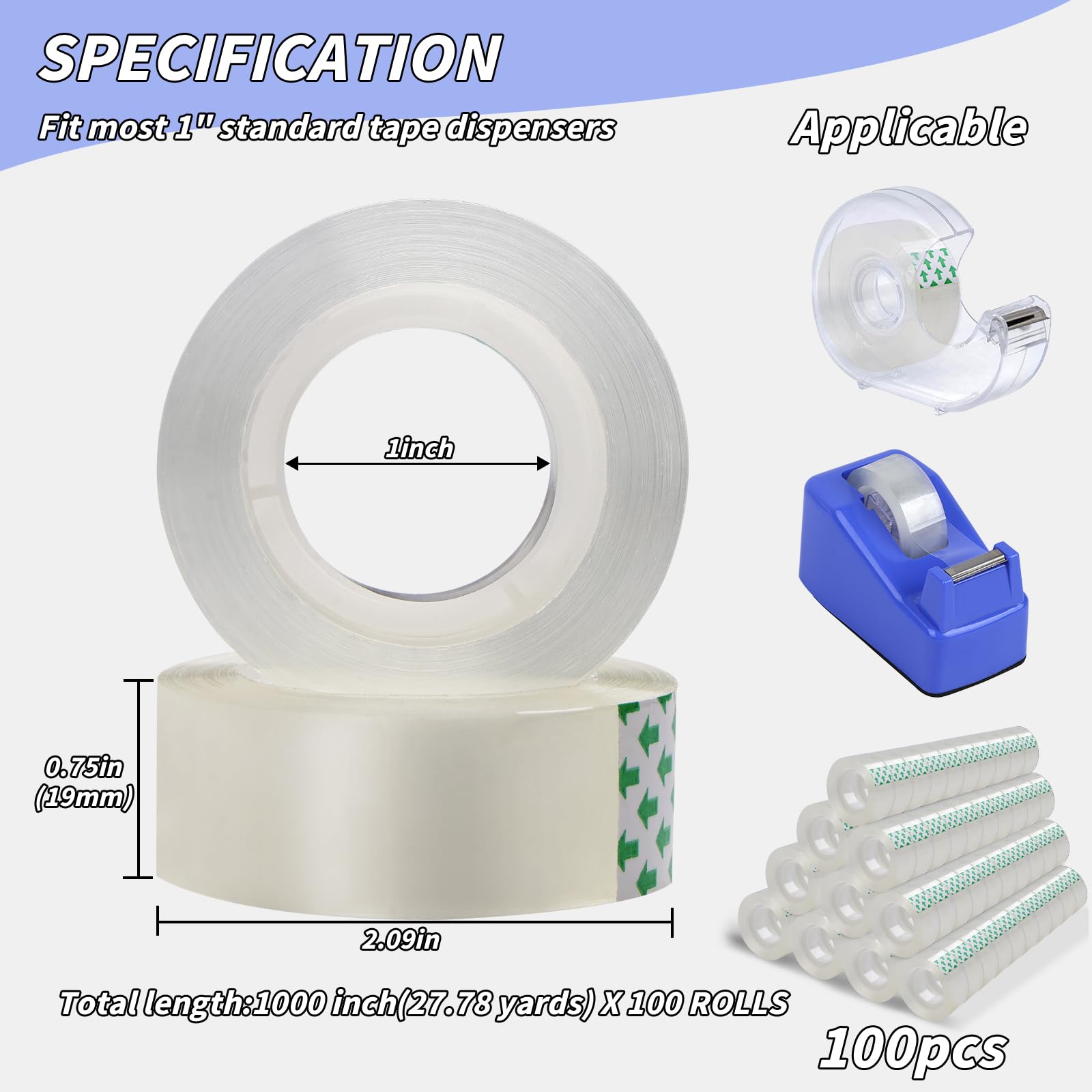 100 rotoli di nastro trasparente di ricambio, per dispenser di nastro trasparente, nastro invisibile da scrivania, nastri lucidi per confezioni regalo, per dispenser, ufficio, scuola, casa, 0,9 x 2,5
