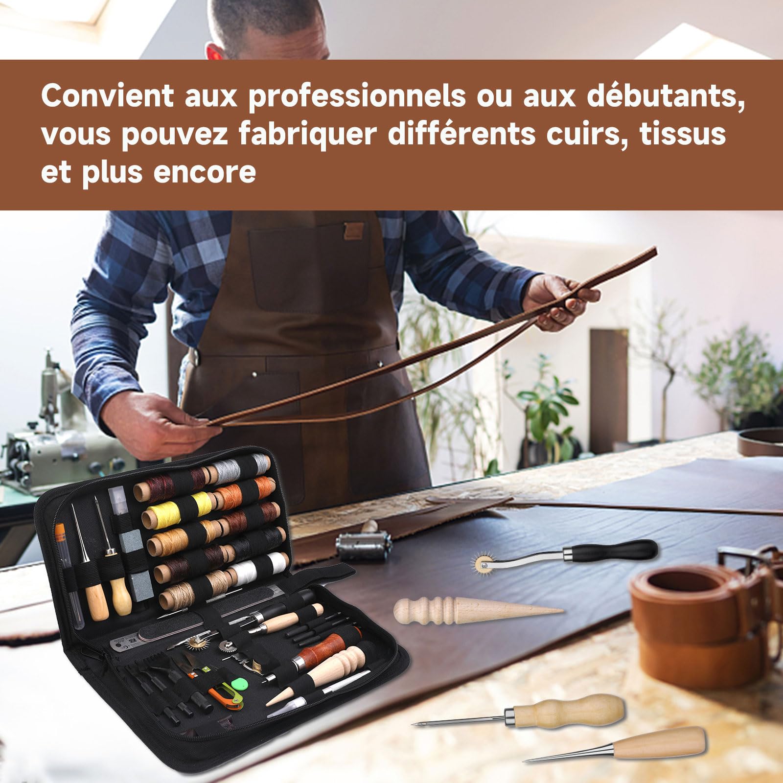 Outils de travail du cuir Outils et fournitures en cuir Kit d'artisanat en avec poinçon à rainurer en fil ciré pour couper le poinçonnage, la couture du et le bricolage
