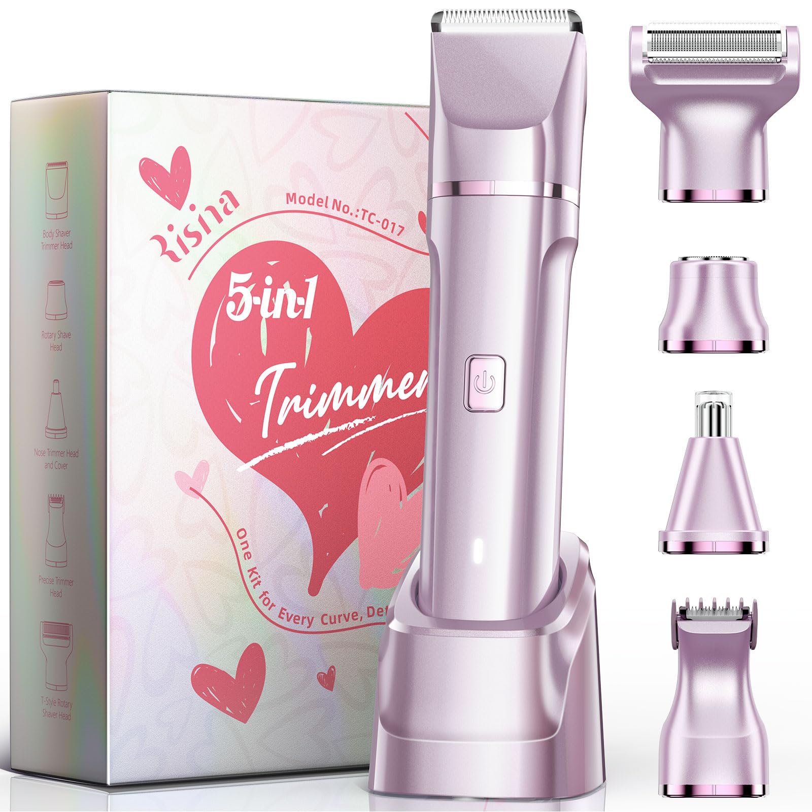 Risina 5-in-1 Bikini Trimmer for Women, Self Care Gifts, Full Body Shaver | IPX7 Waterproof, Rechargeable, Ceramic Blades, 5 Heads: Body, Facial, Curved, Nose Hair and Detail; Travel Ready