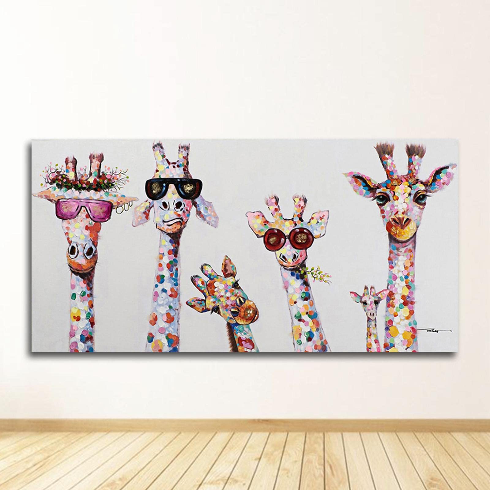 Graffiti Kunst Tier Leinwand Malerei Neugierige Giraffen Familie Poster Drucke Malerei Kunstwerk, Giraffe Wandkunst 80x162cm (31x64in) Mit Rahmen