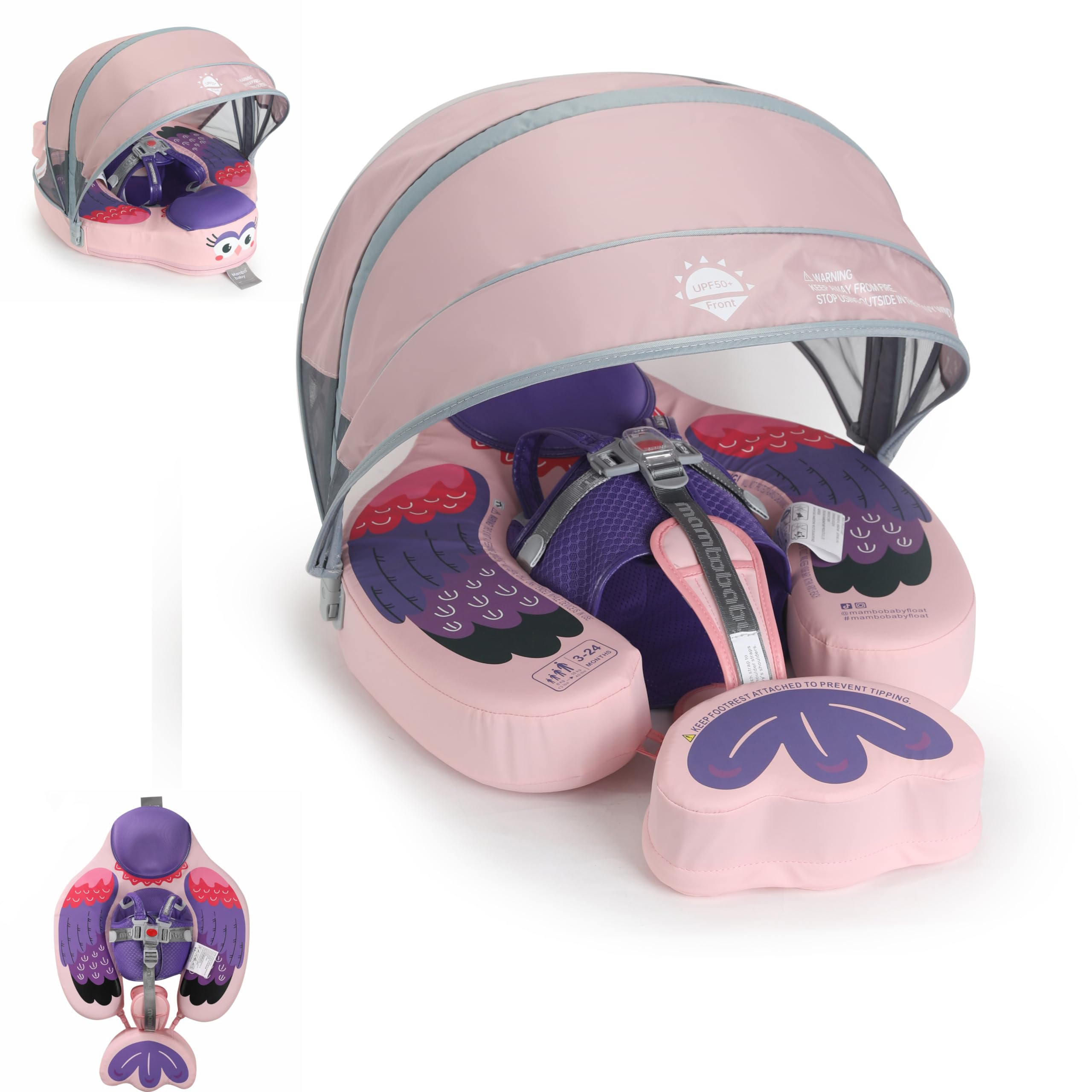 Luckclubtojoy Non-Inflatable Mambobaby Float with Canopy, UV-Protective Baby Swimming Float with Safety Buckle, Anti-Flip Tail Swim Trainer Infant Pool Floats (Bird Purple-R04BPCTRURBKMH01R04)