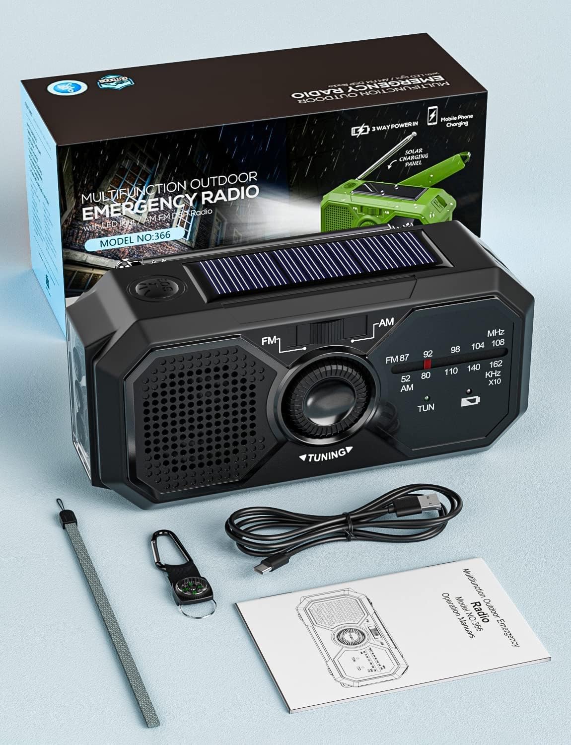 UOHHBOE Radio Solar Generador Portátil SOS Sirena AM/FM 2500 mAh carga a través de USB-C brújula
