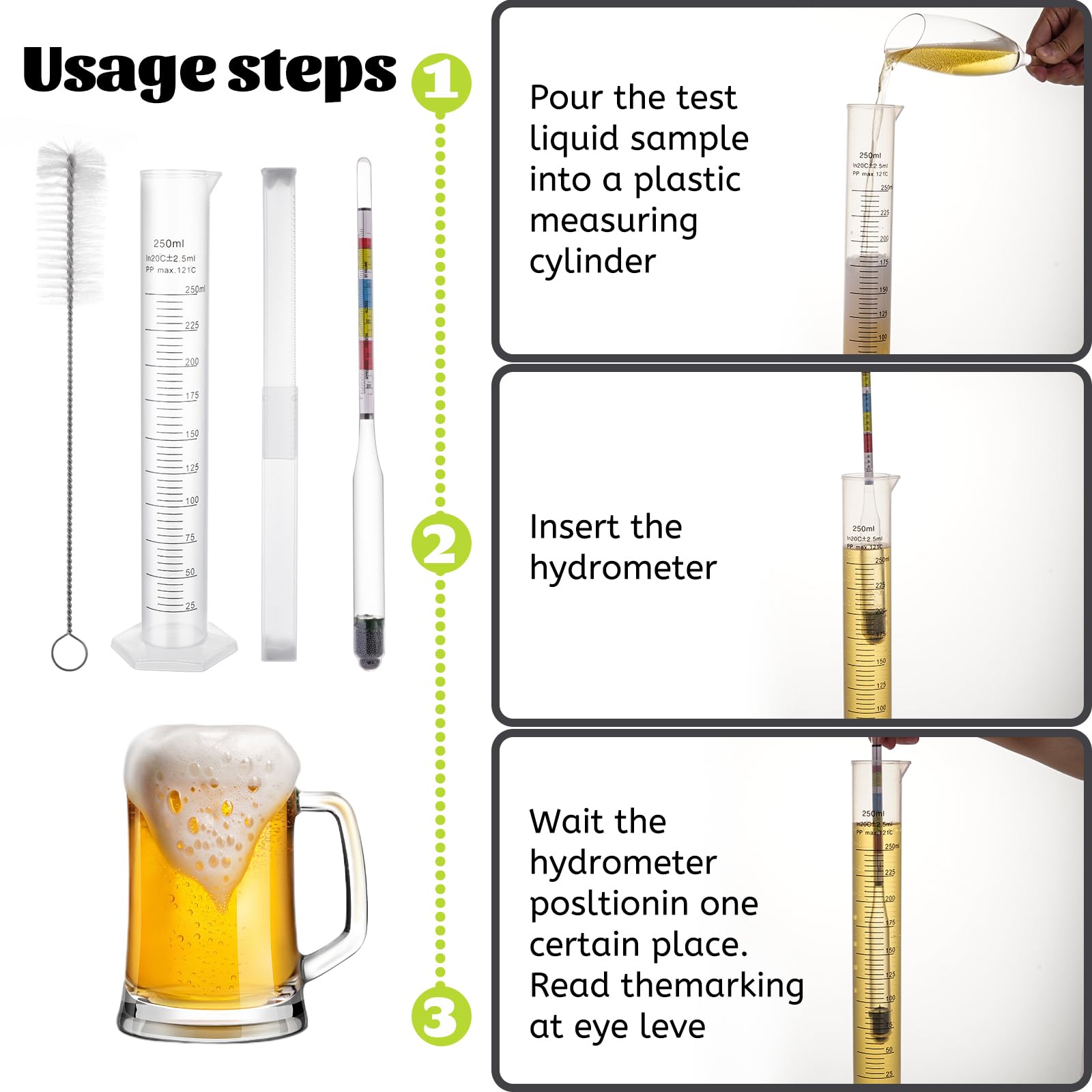 Hidrómetro Mead Wine Beer Brewing Ale Making Kombucha Kit,Alcohol Tester Accessories Moonshine Still Kit completo para equipo de prueba en el hogar Probador de gravedad específica Abv