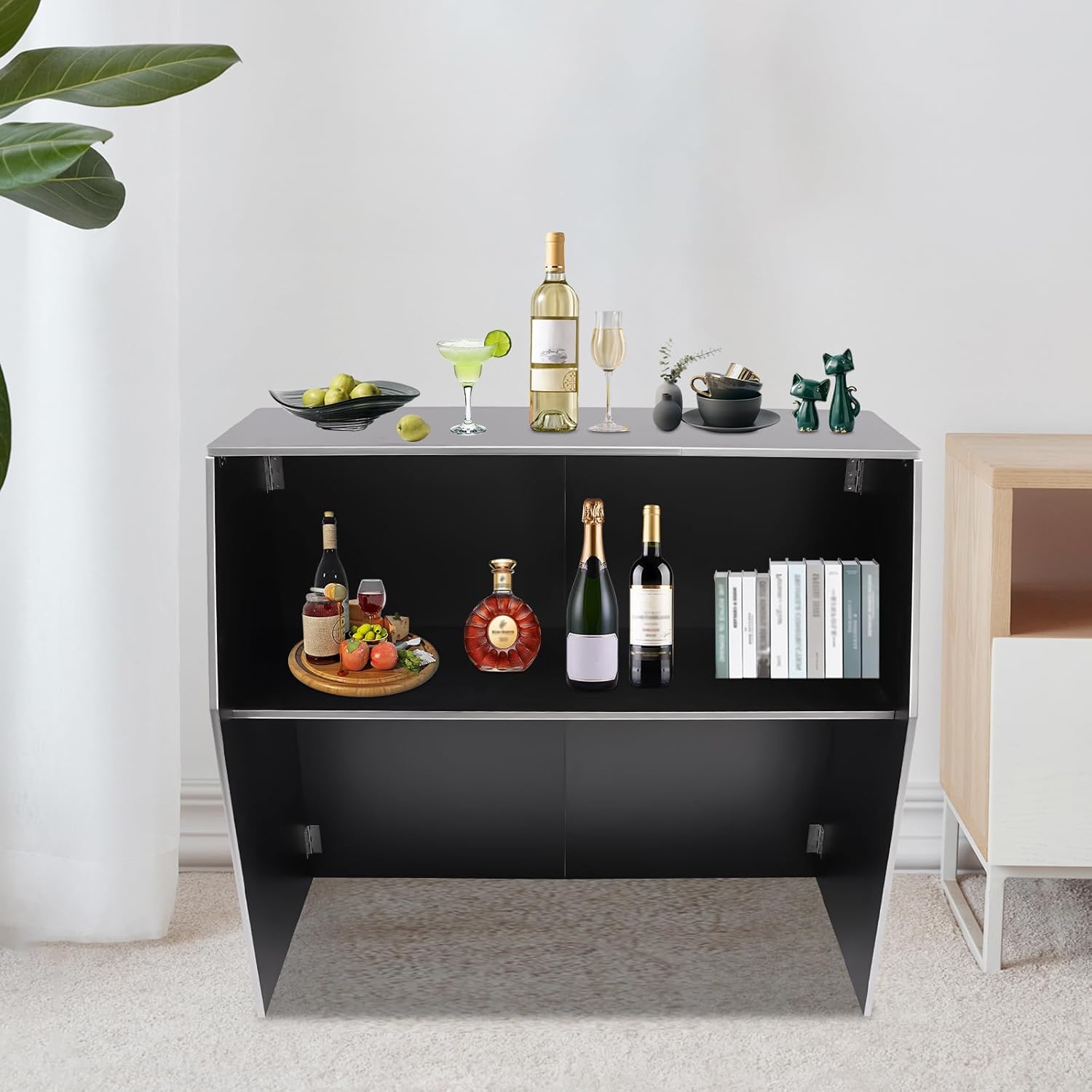 Portable Event Bar with Top and Middle Shelves, 47.75 * 19.5 * 42.75in Mobile Laminate Foldable Bar Cabinet with Aluminum Edging for Parties, Bar and Events (Balck+Aluminum Edging)