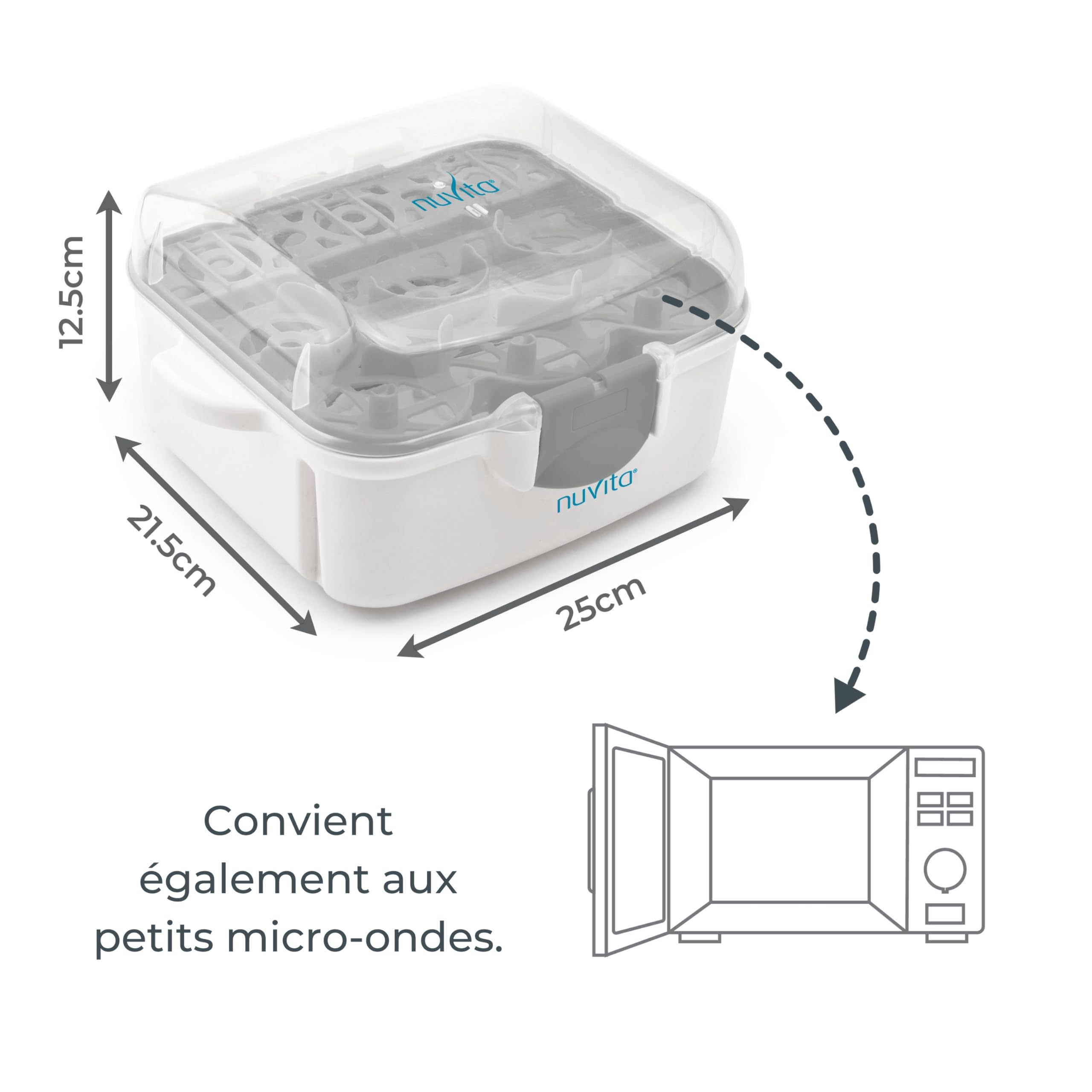 Nuvita 1085 Stérilisateur à vapeur pour biberons, tétines et accessoires pour four à micro-ondes - Stérilise jusqu'à 3 biberons à col large et des accessoires en 2 minutes - Compact et portable, il est équipé de poignées anti-brûlures et est exempt de BPA