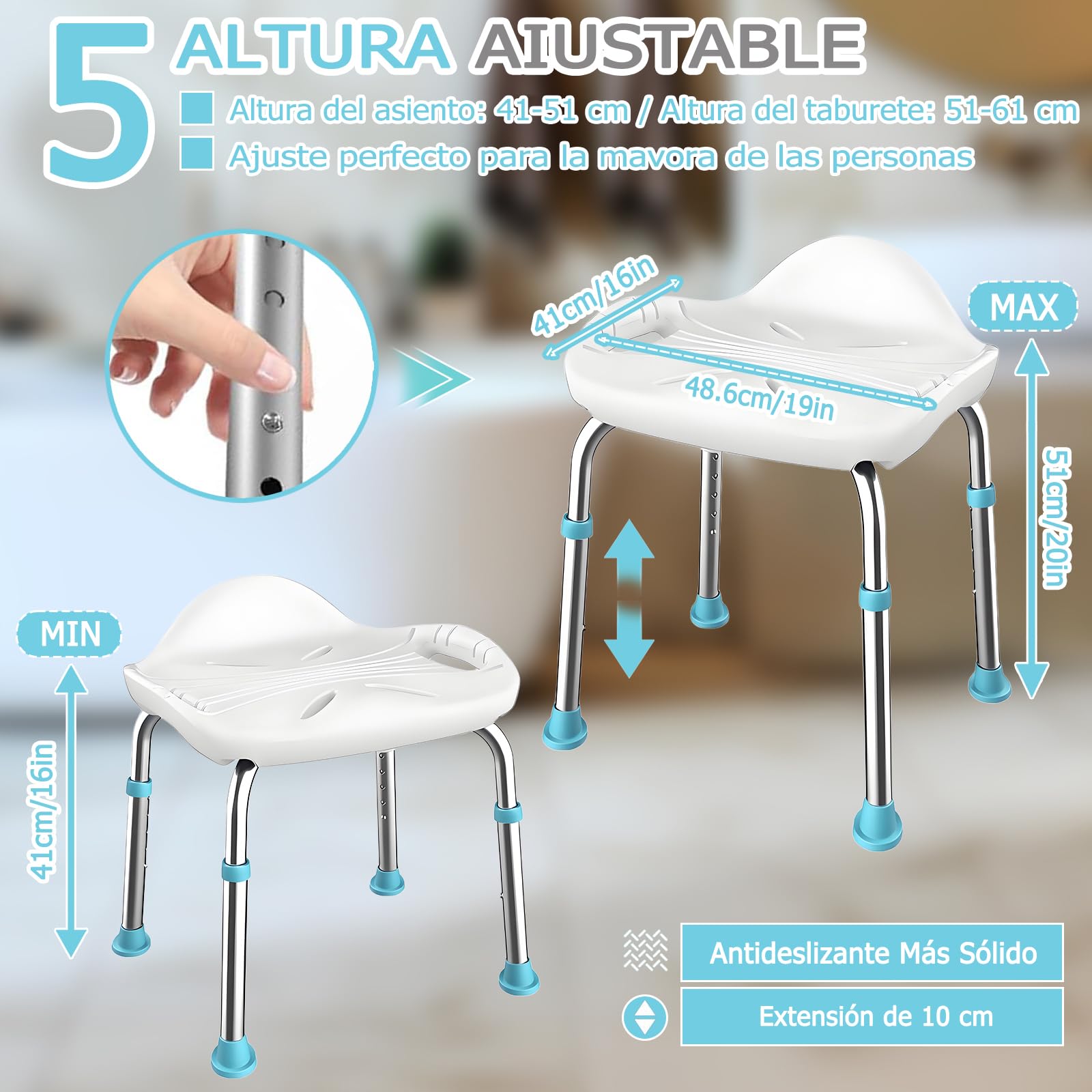 Taburete de Baño para Personas Mayores, Taburete de Ducha de Aluminio Ligero, Altura Ajustable Silla de Ducha con Patas de Antideslizantes, Pequeño Respaldo y Asas Integradas, Carga de 150 kg