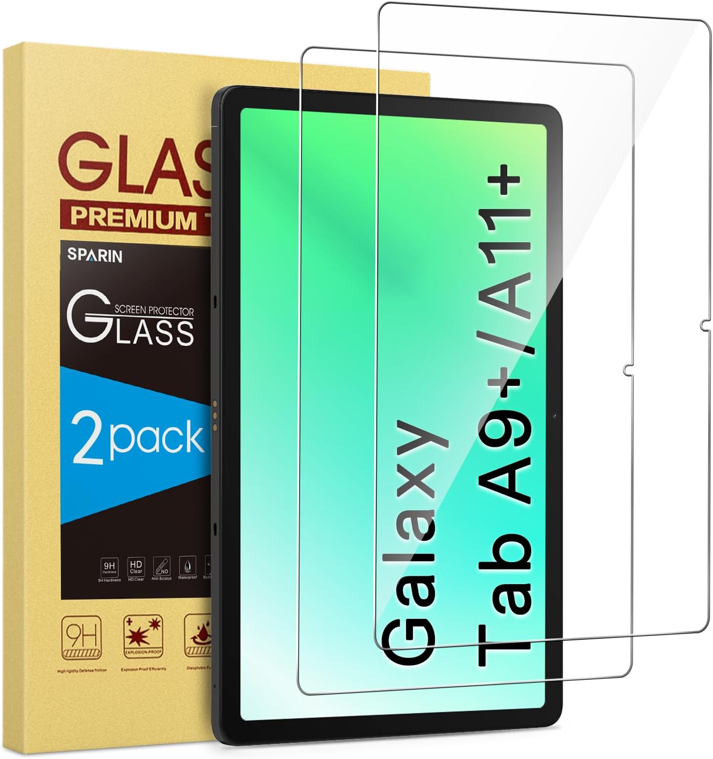 SPARIN Screen Protector for Samsung Galaxy Tab A9+/A9 Plus (11 Inches), 2 Pack Tempered Glass for Samsung Tab A9 Tablet, Ultra Transparent, 9H Hardness