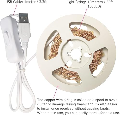 Miniatura 3 de RUICHEN Guirnalda de luces USB de 33 pies, 100 luces LED con interruptor de encendidoapagado, luces de alambre de cobre impermeables para