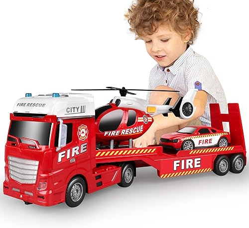 Miniatura 8 de Dwi Dowellin Juguetes para niños pequeños de 3, 4, 5, 6 años, semirremolque de 25 pulgadas con coche de carreras y helicóptero, juguetes de policía,