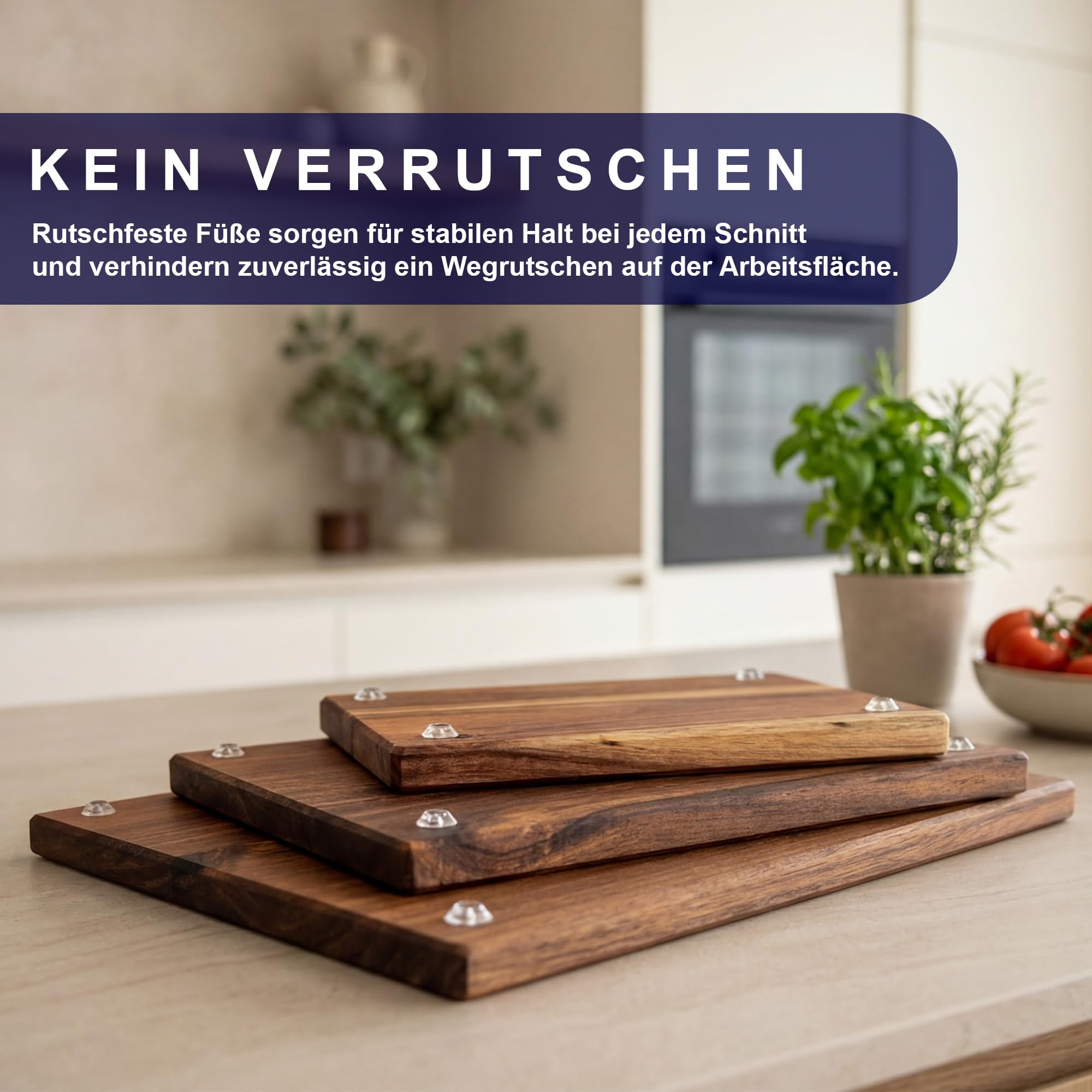 Schneidebrett Set 3-teilig aus massivem Akazienholz, 2 cm dick, 40 x 30/33 x 24/26 x 18 cm, mit Halter, Saftrille und Bienenwachs-Veredelung