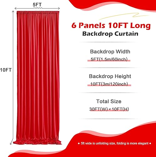 Miniatura 2 de Cortina de telón de fondo rojo sin arrugas de 30 x 10 pies para fiestas, 6 paneles de 5 x 10 pies de poliéster sedoso rojo para fotos, telón de