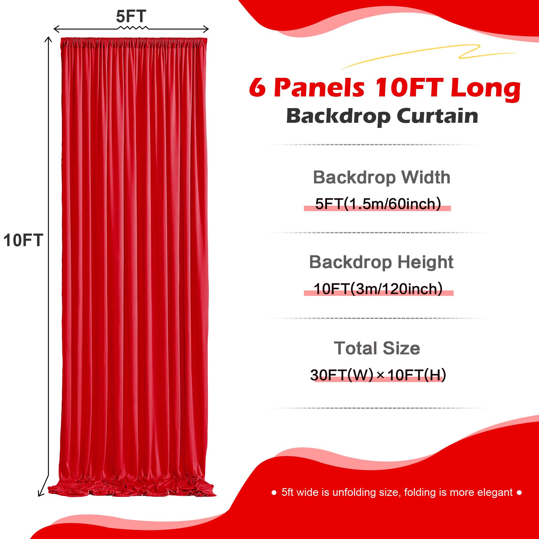 Faltenfreier Hintergrund für Partys, 9 x 3 m, 6 Paneele, 15,2 x 3 m, seidiges Polyester, Rot, Foto-Hintergrund, für Geburtstag, Mottoparty, Hochzeit, Fotografie-Hintergrund