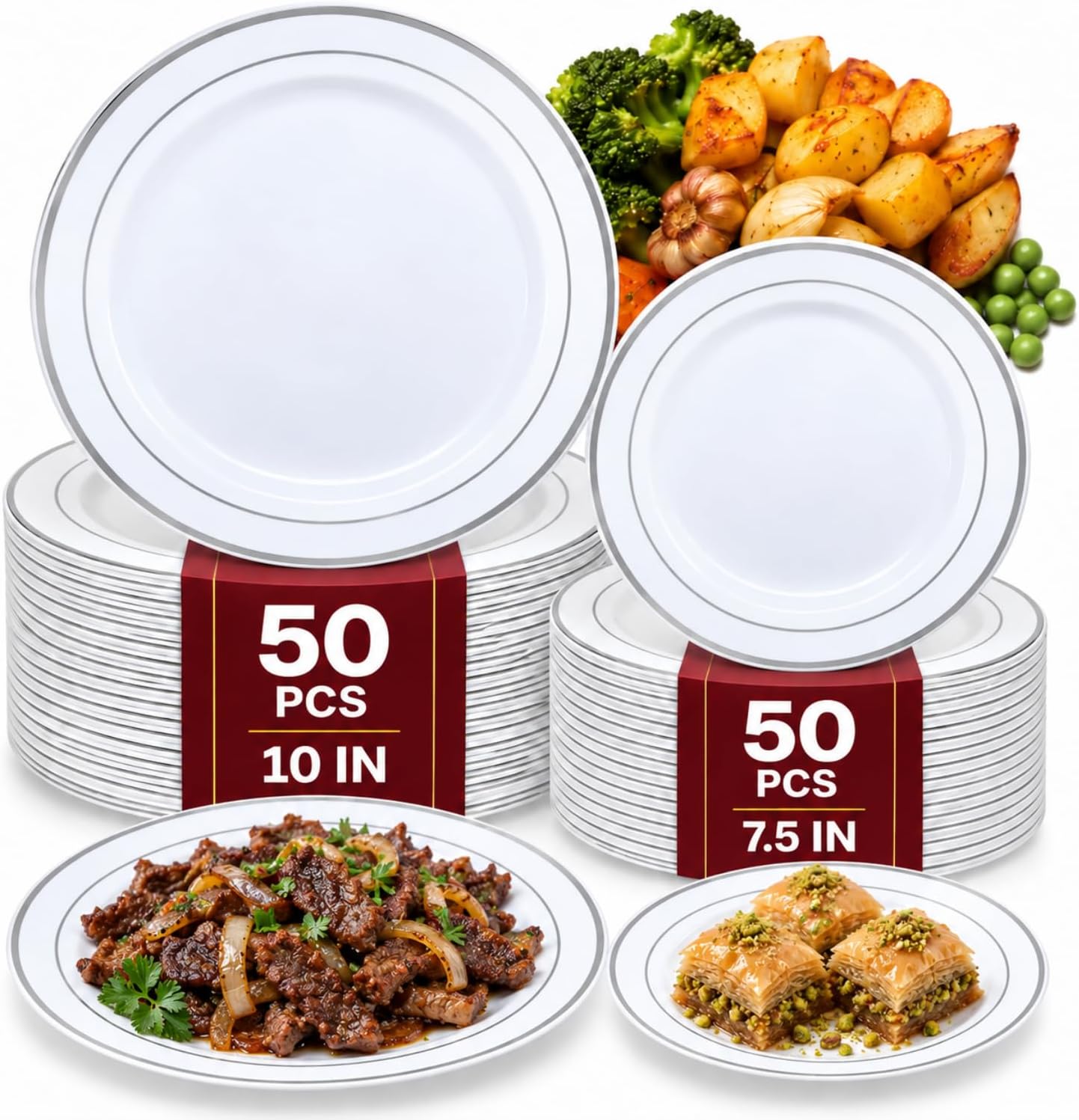 [100 PCS] White Silver Rimmed Plastic Plates for Party | Disposable Plates