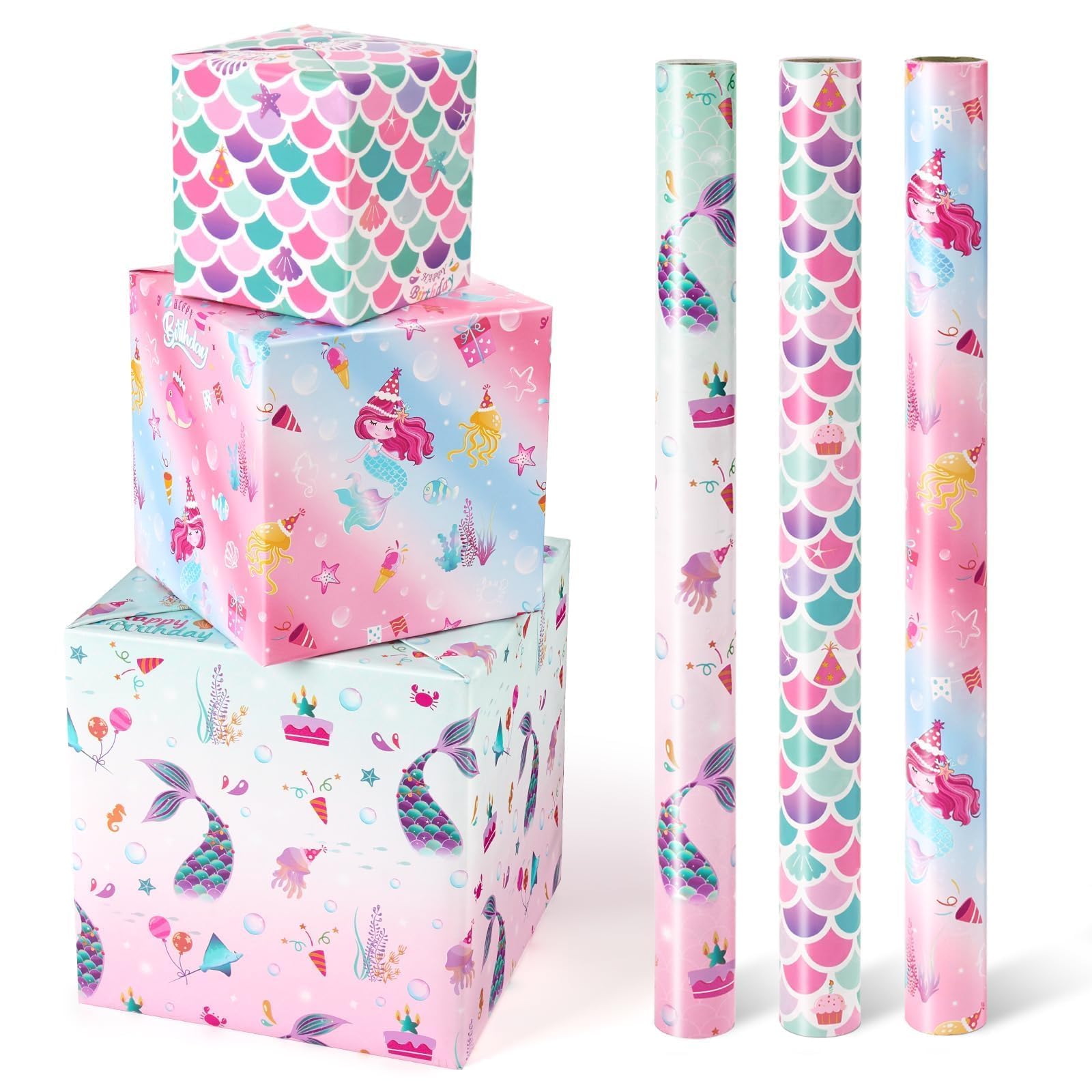 Rollos de Papel de Regalo de Sirena - 3 Rollos 43 cm x 3 m Rollos de Papel de Regalo de Cumpleaños para Niñas Sirena Rosa con Líneas de Corte