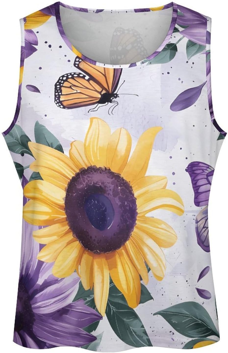 Butterfly Purple Sunflowers Men's Tank Tops Sleeveless Muscle Shirts for Men Lightweight Vest Crew Neck T-Shirts