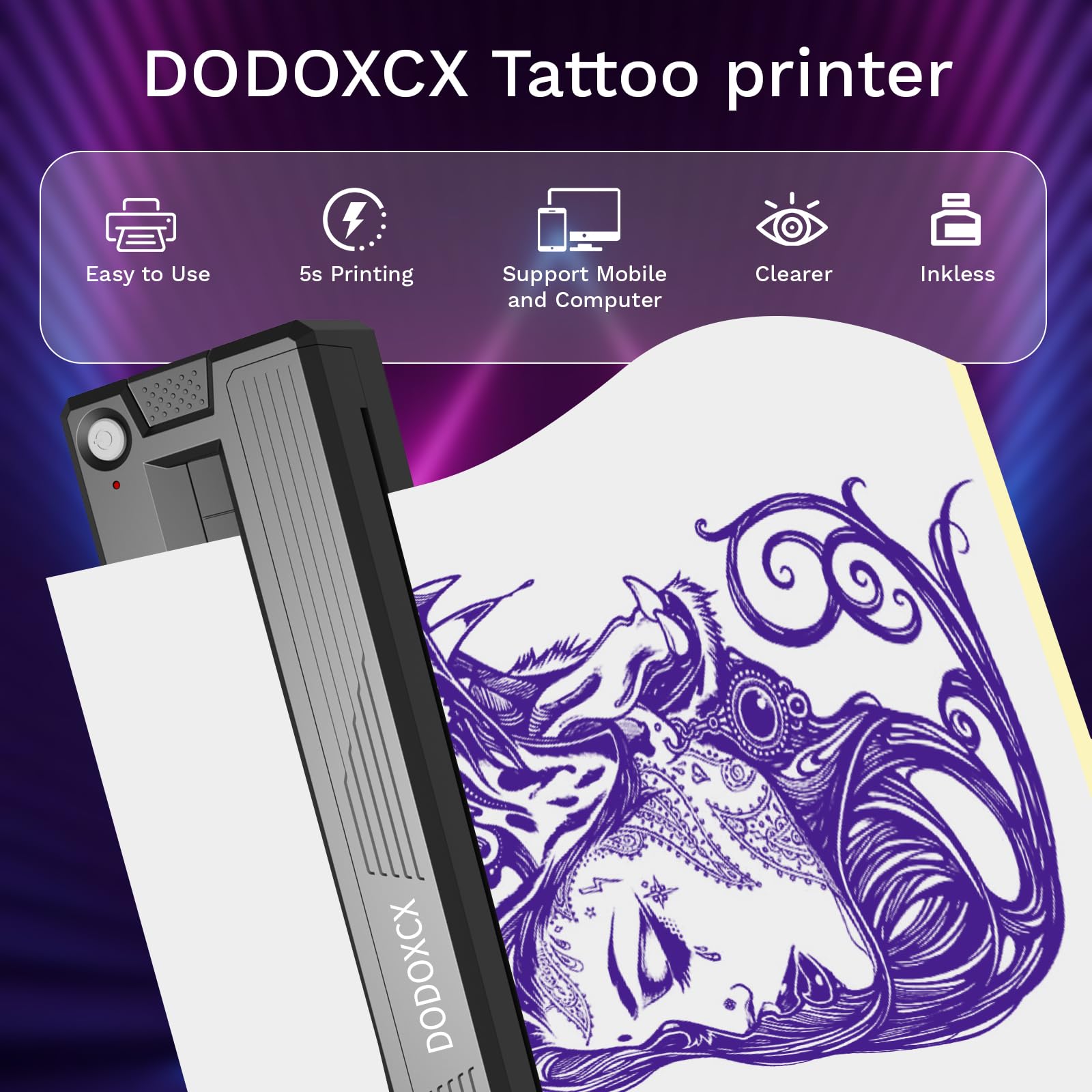 Stampante per tatuatori e principianti, con 3 fogli di carta di trasferimento per tatuaggi, portatile, wireless, Bluetooth, termica, senza inchiostro, compatibile con telefono/PC