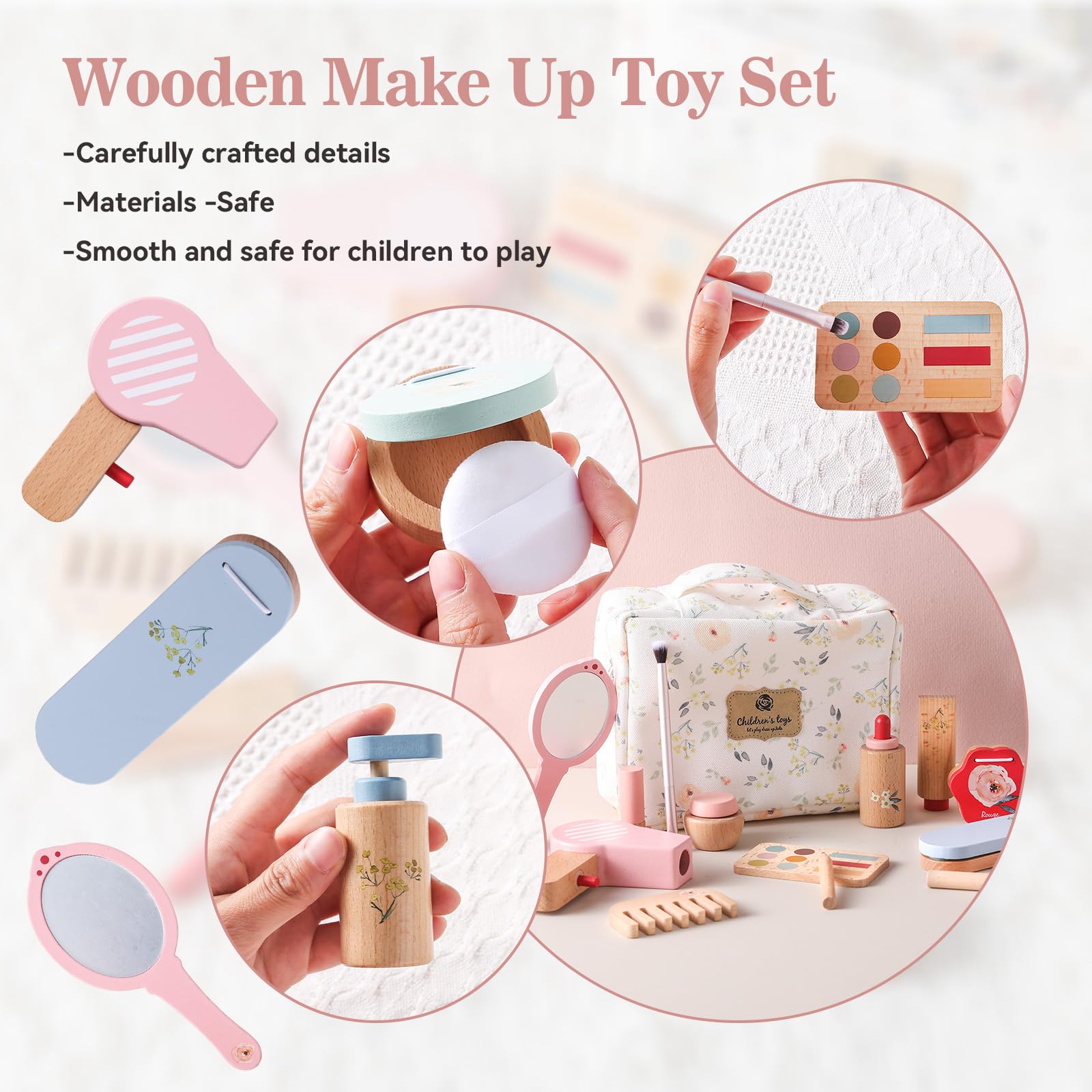 let's make Wooden Makeup Set Kids Pretend Makeup Wooden Play Dress Up Kit Toddler Wood Role Play Toy Make Up Set Fake Makeup Set including Hair Dryer Mirror Makeup Game for 3 Years Old Girls - Image 4