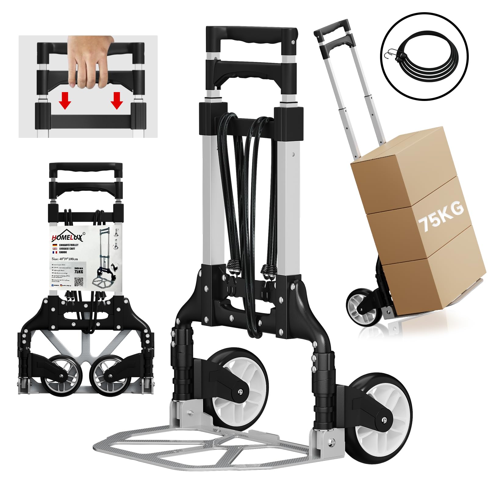 Homelux Sackkarre Klappbar bis 75 kg belastbar | Aluminium Transportkarre Klappbar, Mit 2 Expanderseil & Höhenverstellbarer Griff