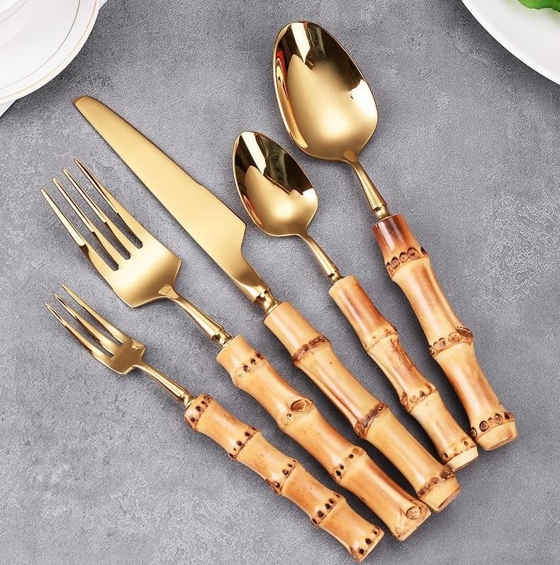 Ce Set de Couverts Comprend 5/20/30/40 pièces en Acier Inoxydable 304 : Couteau à Steak, Fourchette et cuillère à Manche en Bambou. Ce Set créatif pour Desserts et gâteaux est Disponible en